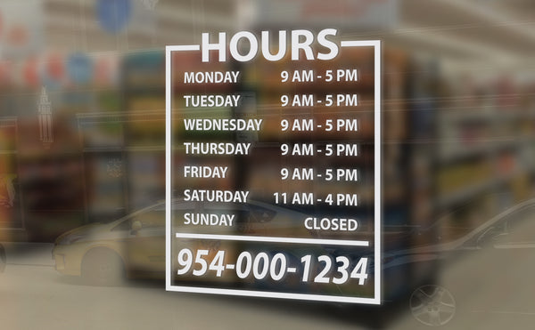 Custom Vinyl Business Hours Decal with Phone Number